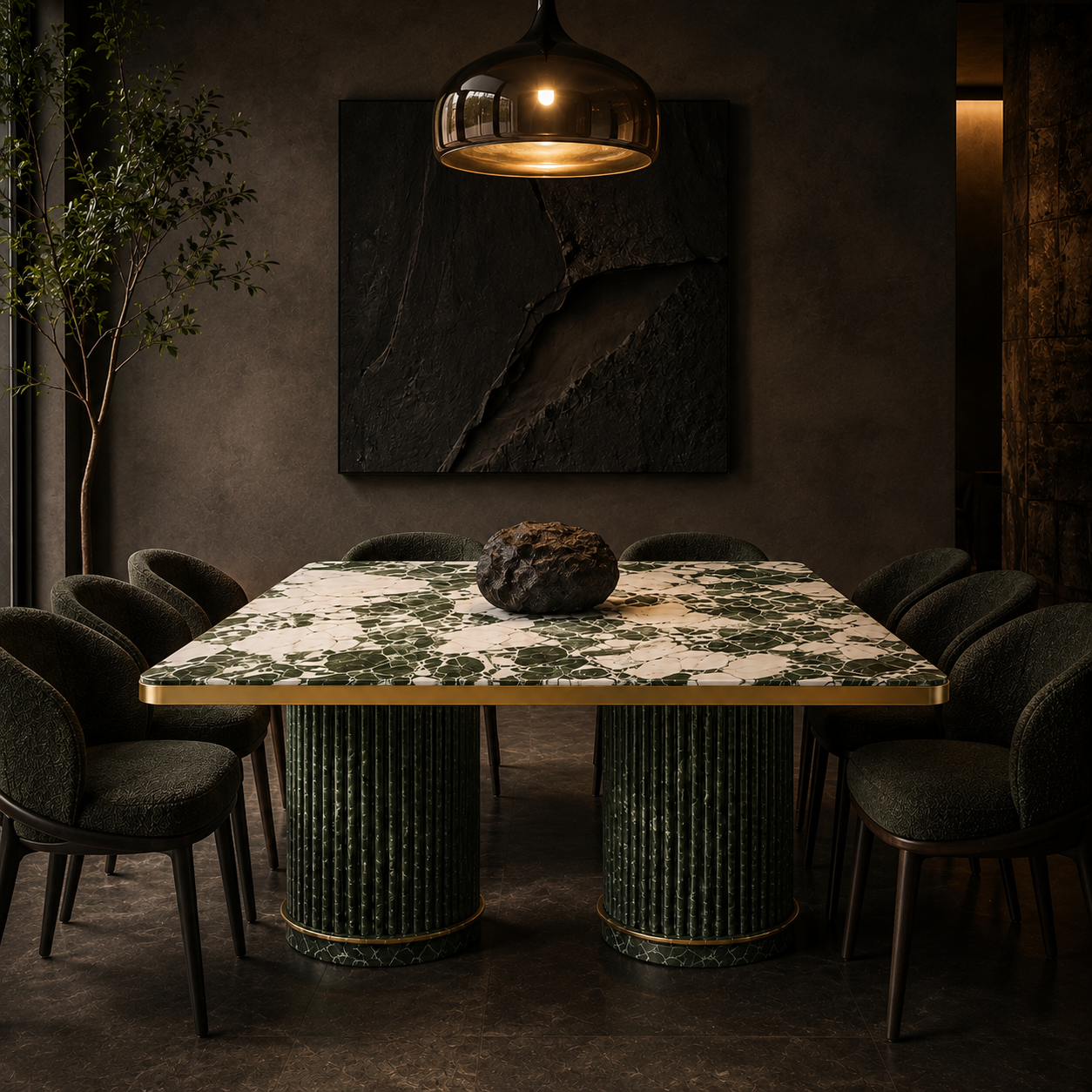 The Sammal Rectangular — Green & White Marble Top with Brass Edge on Fluted Stone Columns