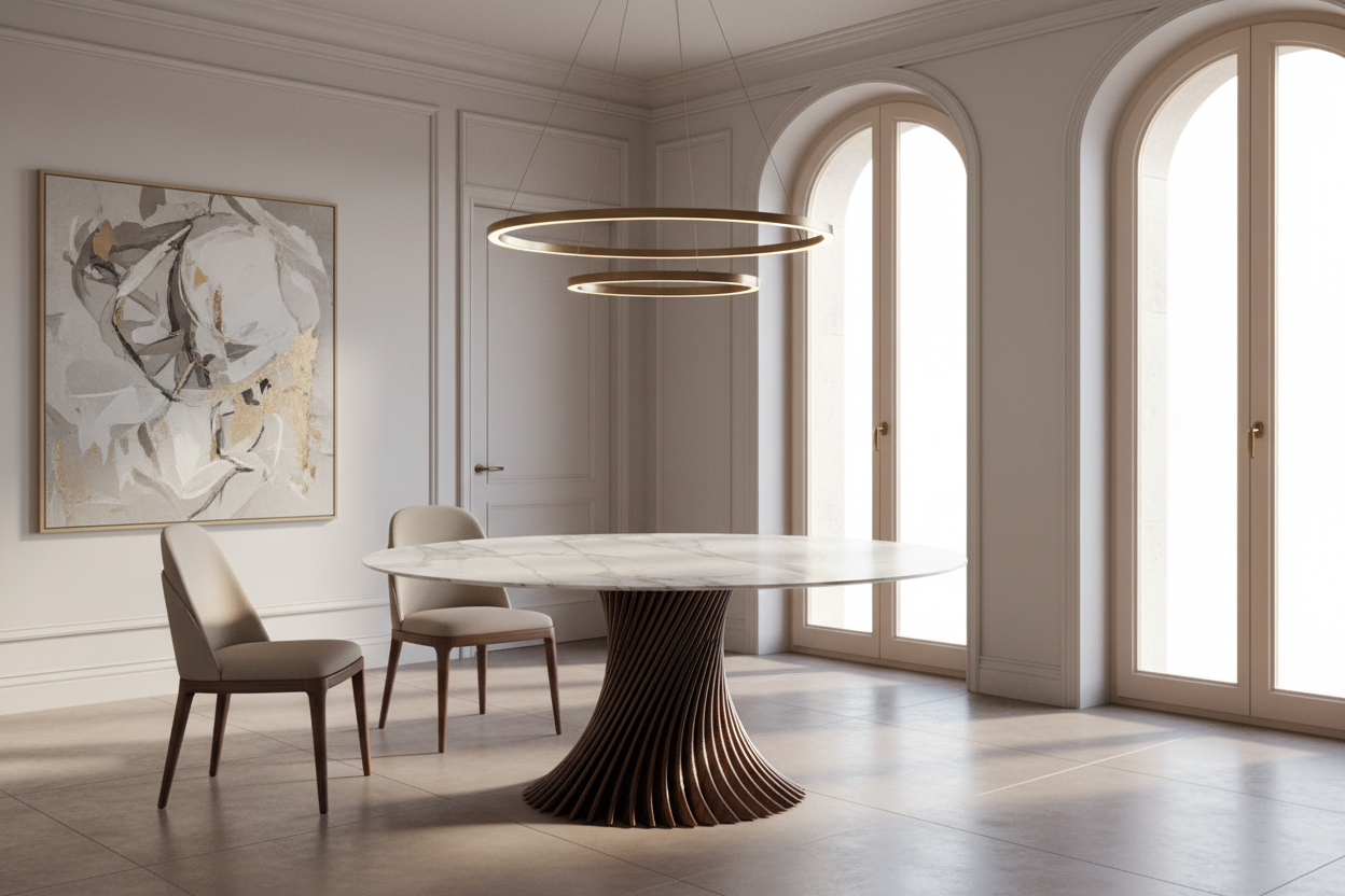 Siima Round — White Marble & Bronze Twisted Blade Pedestal Dining Table