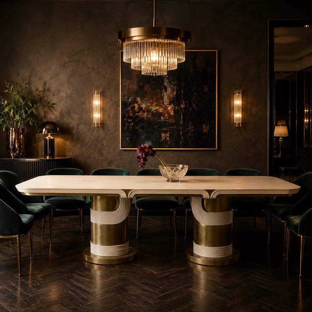 The Torio Rectangular Dining Table — Ribbed Cream Top with Double Aged Brass Cylinder Base