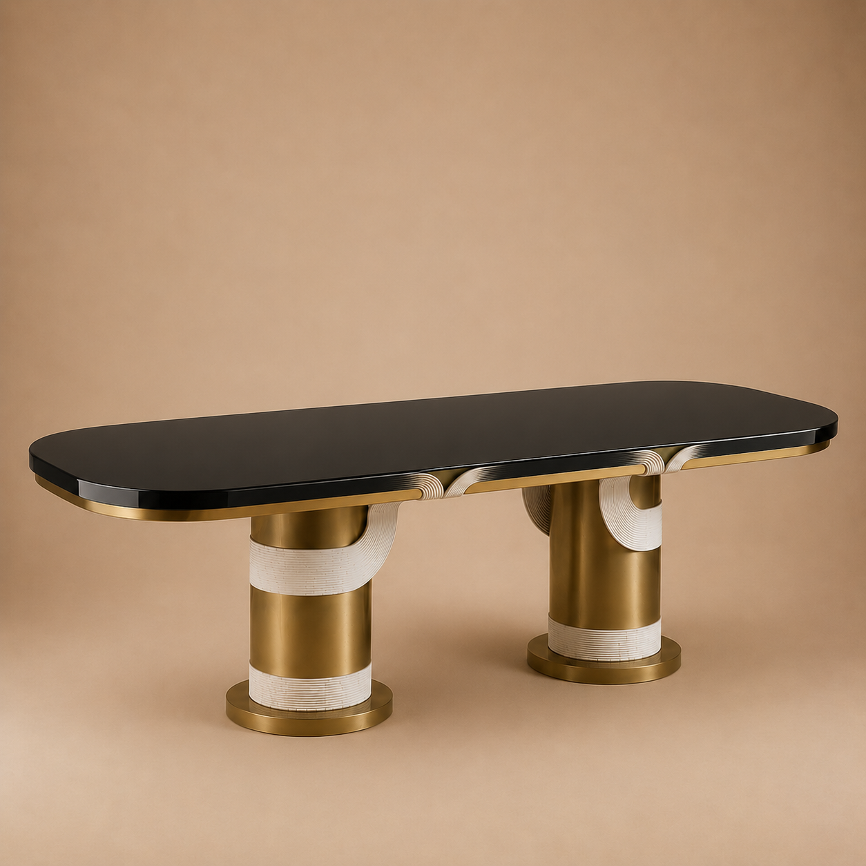 The Torio Rectangular Dining Table — Ribbed Cream Top with Double Aged Brass Cylinder Base