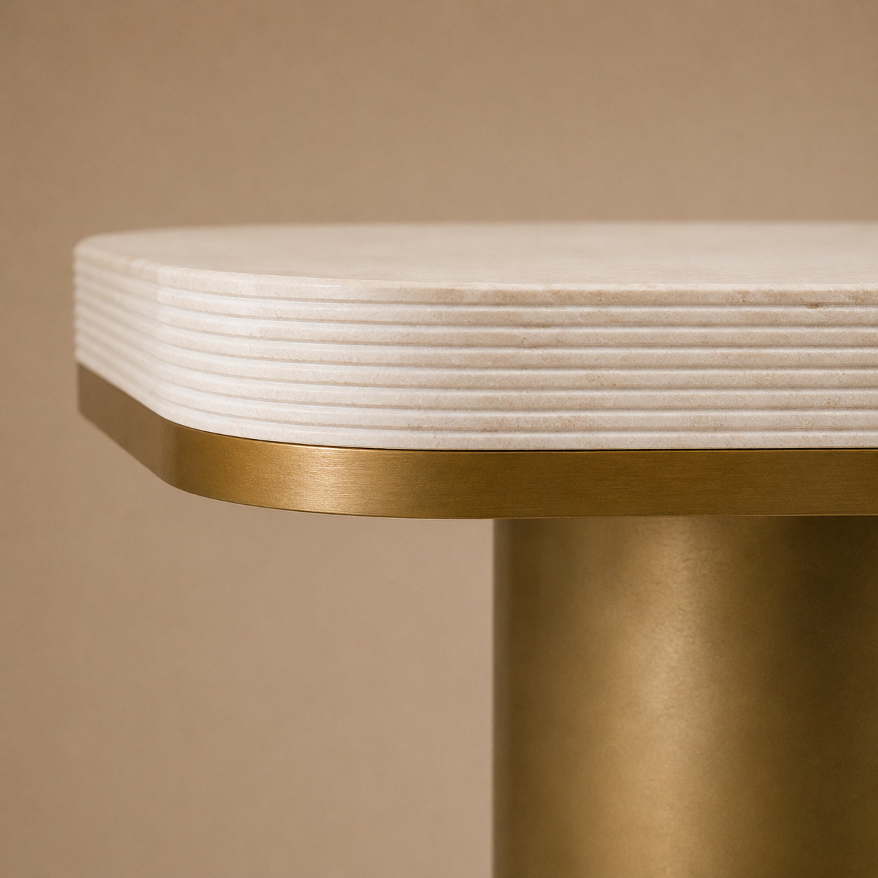 The Torio Rectangular Dining Table — Ribbed Cream Top with Double Aged Brass Cylinder Base