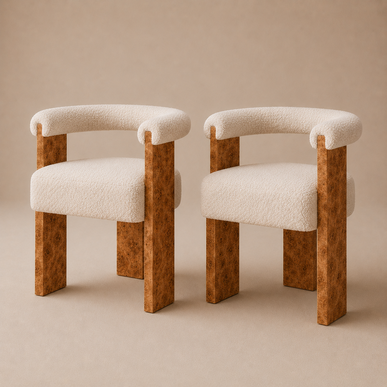 The Volte Dining Chair — Burl Wood Frame with Rolled Bouclé Back & Floating Upholstered Seat
