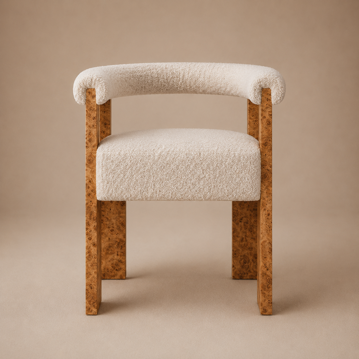 The Volte Dining Chair — Burl Wood Frame with Rolled Bouclé Back & Floating Upholstered Seat