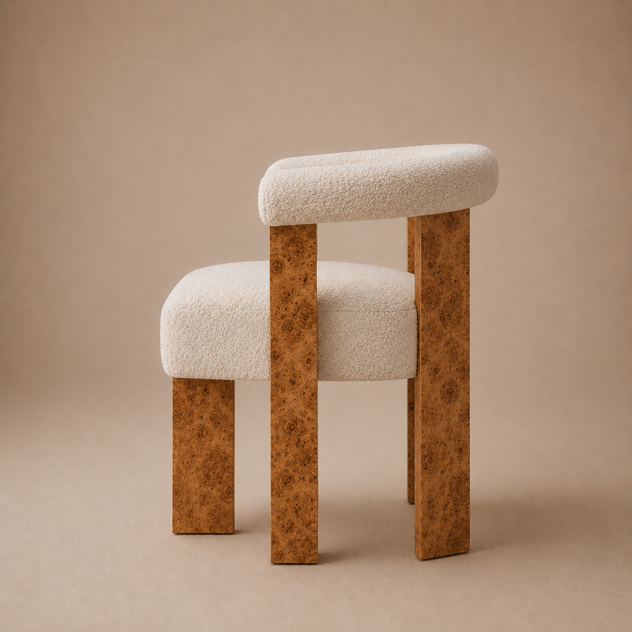 The Volte Dining Chair — Burl Wood Frame with Rolled Bouclé Back & Floating Upholstered Seat