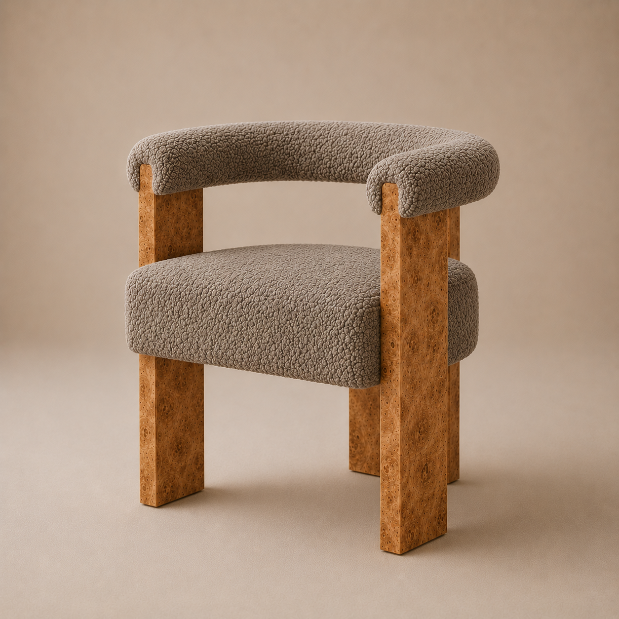 The Volte Dining Chair — Burl Wood Frame with Rolled Bouclé Back & Floating Upholstered Seat