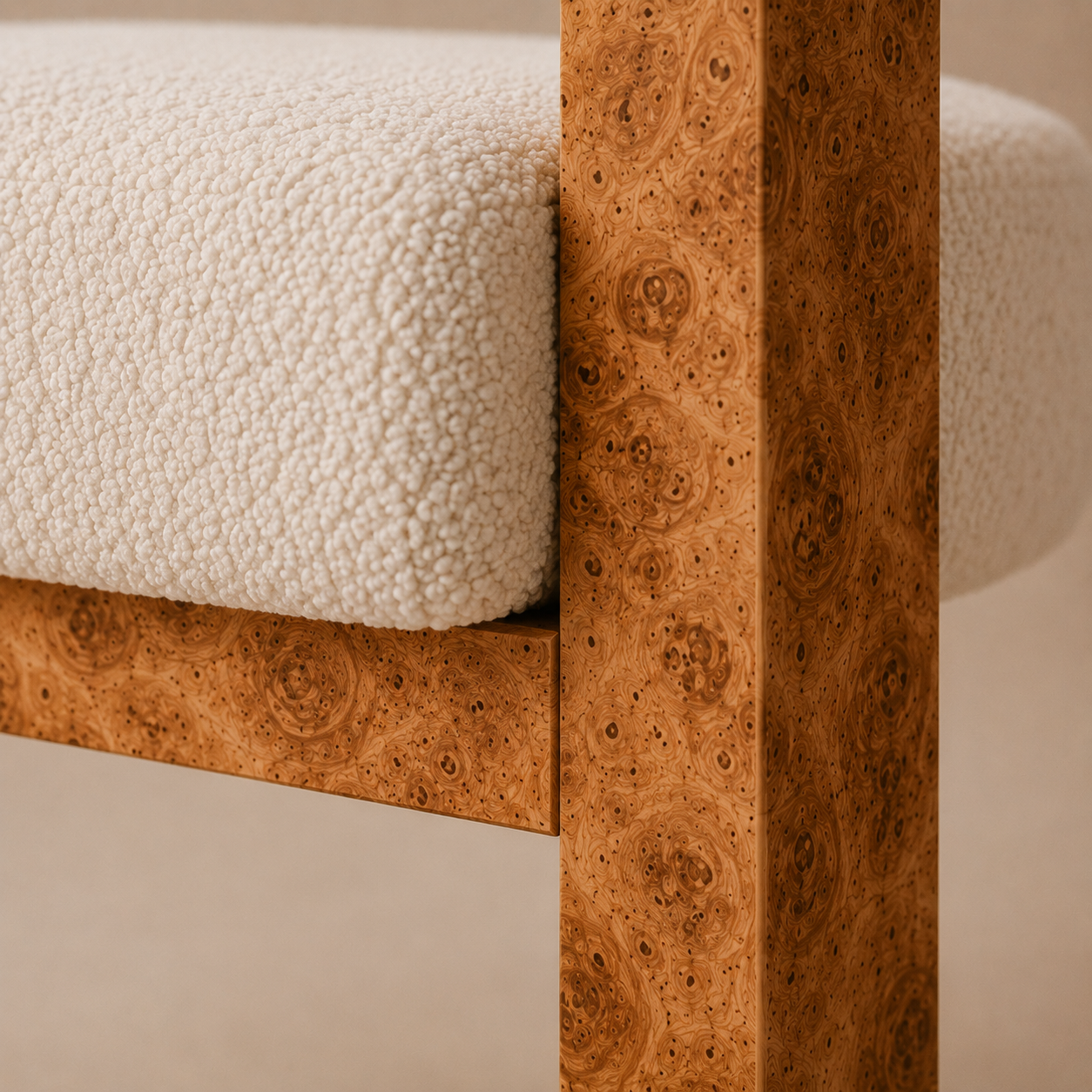 The Volte Dining Chair — Burl Wood Frame with Rolled Bouclé Back & Floating Upholstered Seat