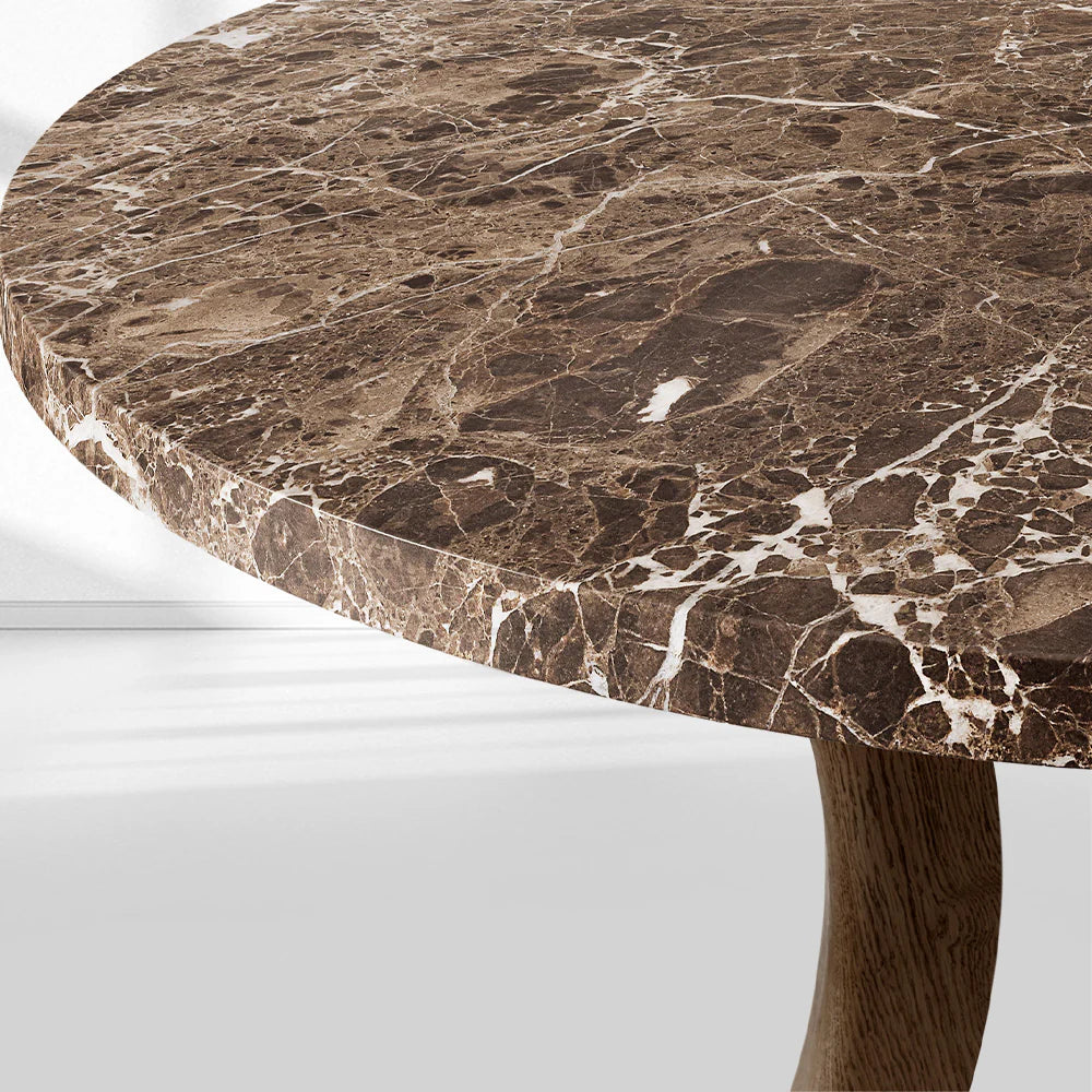 Risti Round — Emperador Dark Marble & Sculpted Oak Cross-Pedestal Dining Table DOUBLON AVEC PYLVAS (garder PYLVAS)