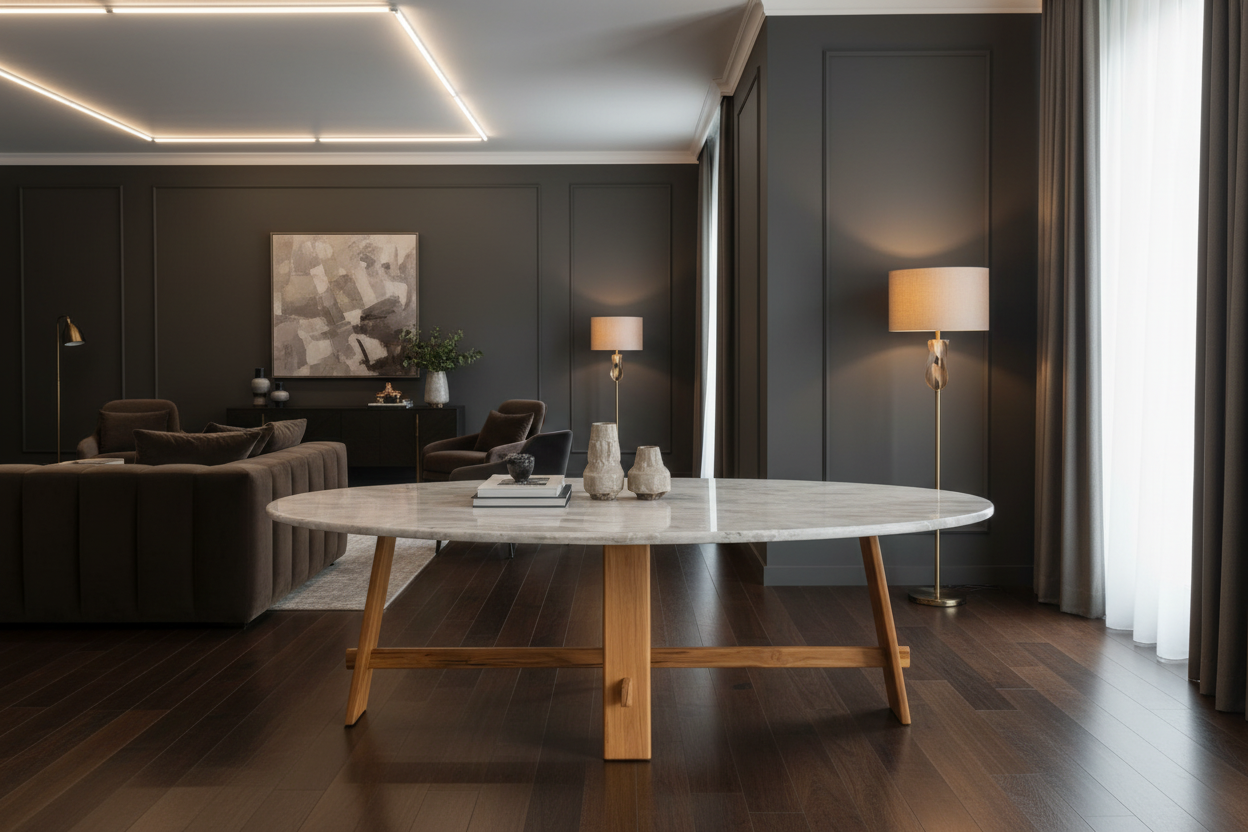 Kaarna Oval — Marble & Solid Teak Dining Table