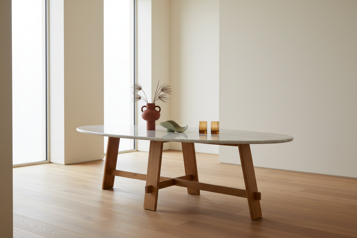 Kaarna Oval — Marble & Solid Teak Dining Table