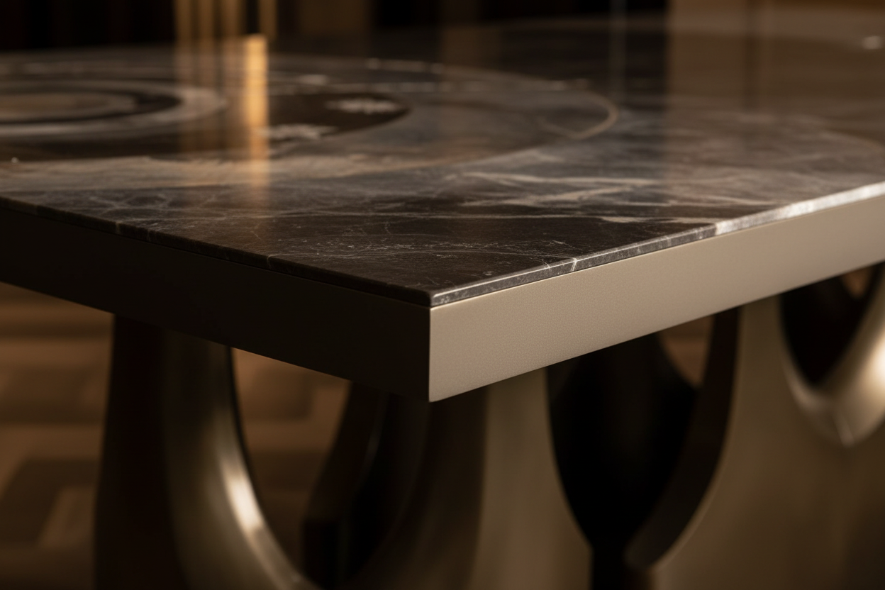 Holvari Rect — Bronze Cast Arch Base & Stone Inlay Rectangular Dining Table