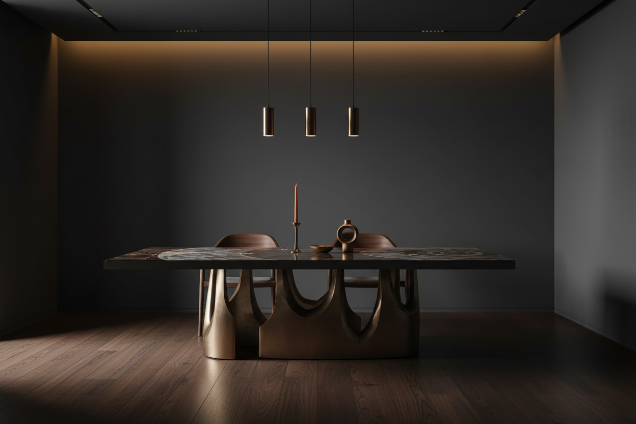 Holvari Rect — Bronze Cast Arch Base & Stone Inlay Rectangular Dining Table