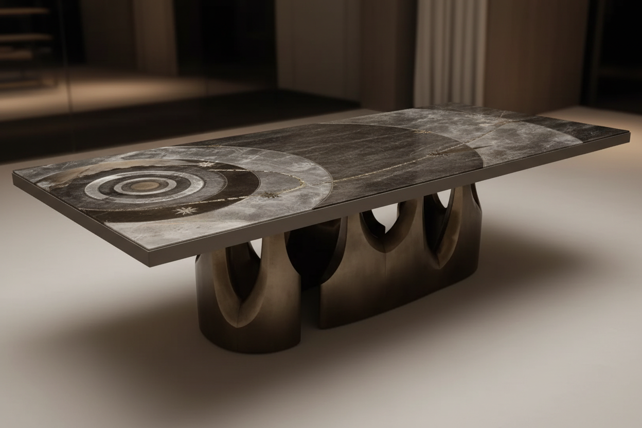 Holvari Rect — Bronze Cast Arch Base & Stone Inlay Rectangular Dining Table