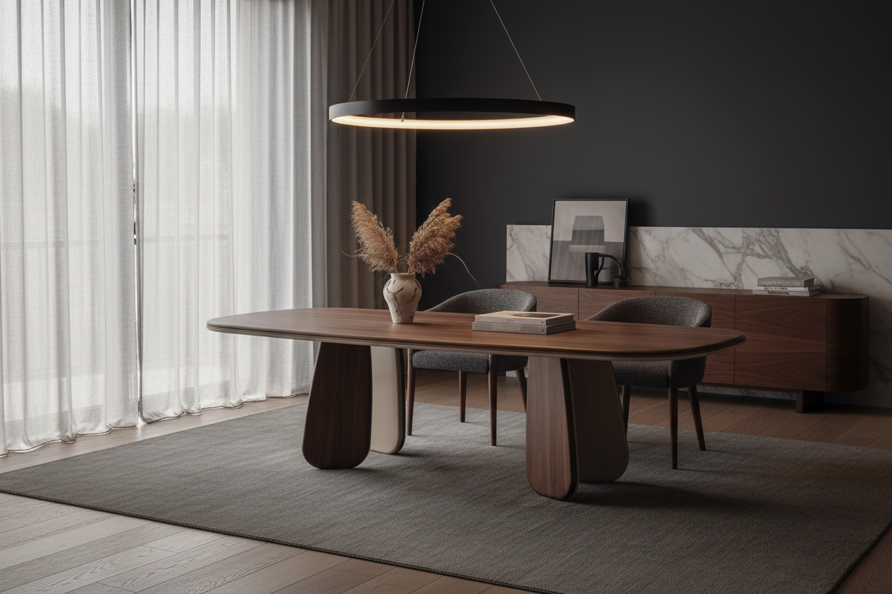 Kukka Rect — Solid Walnut & Bicolor Trefoil Leg Dining Table