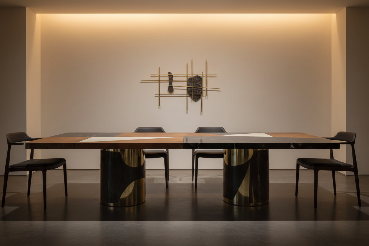 Taulu Rect — Geometric Marquetry & Brass Cone Pedestal Dining Table