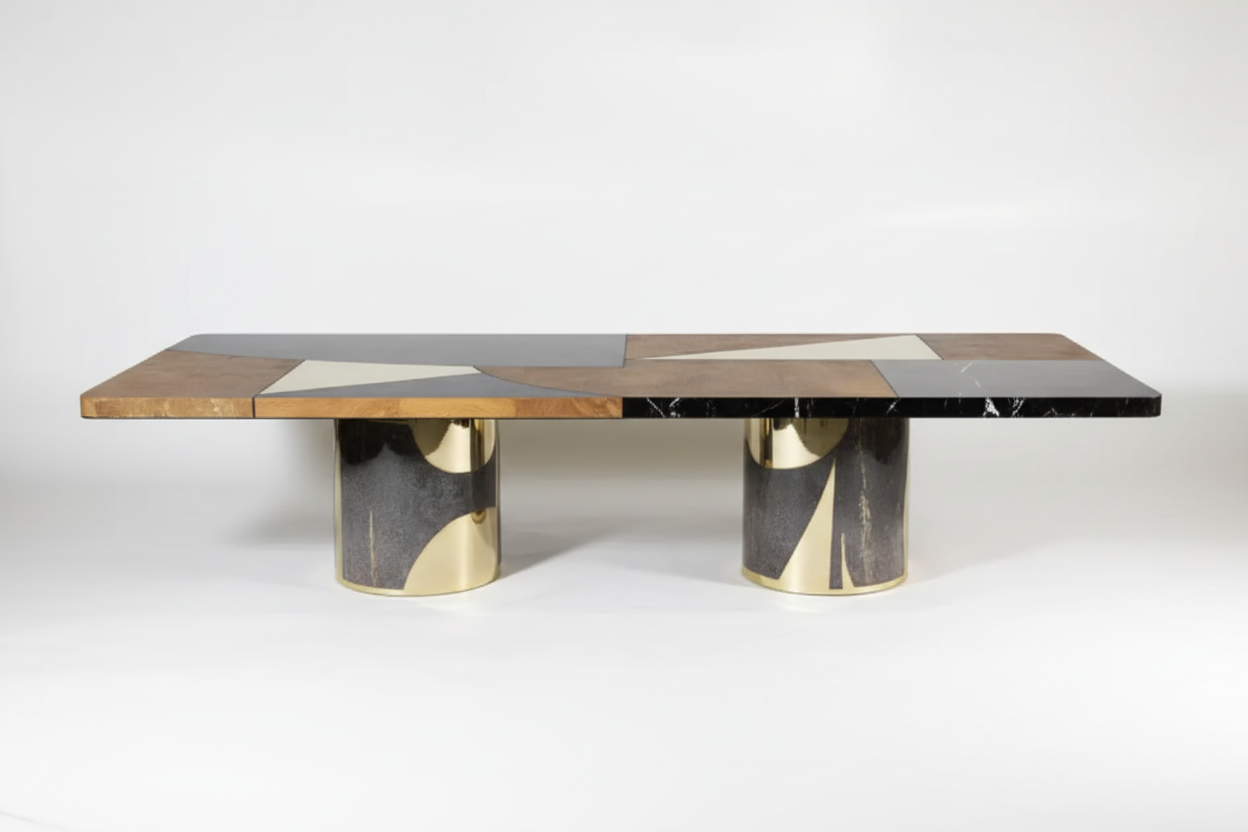 Taulu Rect — Geometric Marquetry & Brass Cone Pedestal Dining Table