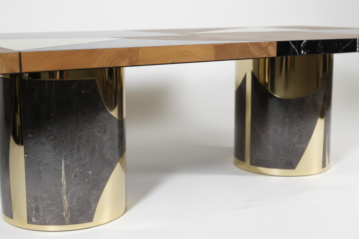 Taulu Rect — Geometric Marquetry & Brass Cone Pedestal Dining Table