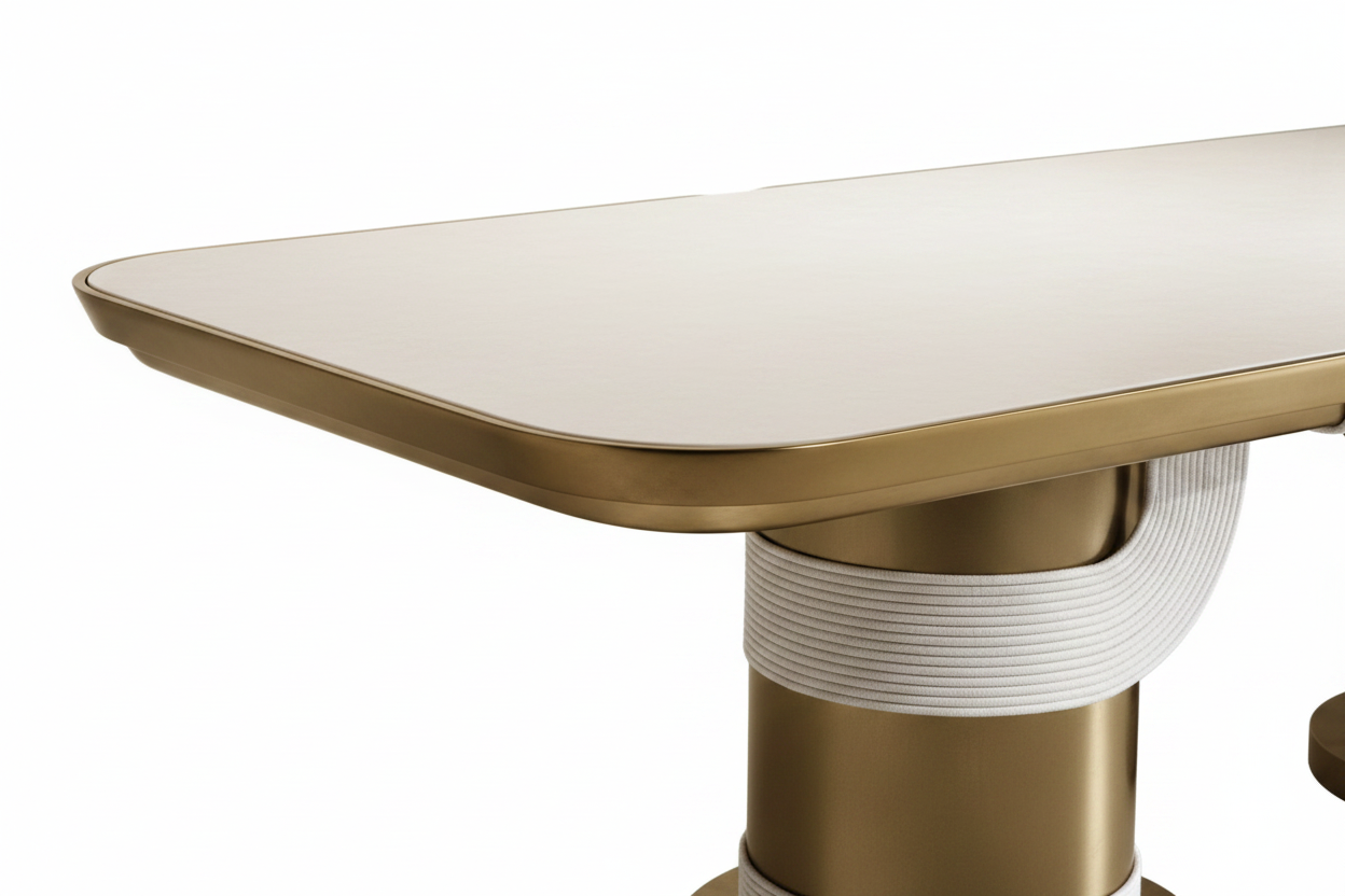 The Torio Rectangular Dining Table — Ribbed Cream Top with Double Aged Brass Cylinder Base