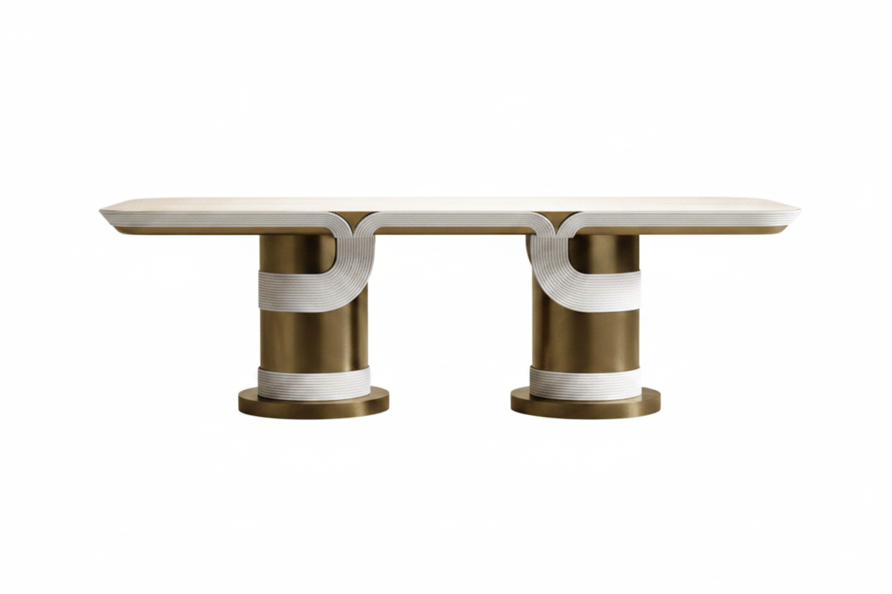 The Torio Rectangular Dining Table — Ribbed Cream Top with Double Aged Brass Cylinder Base