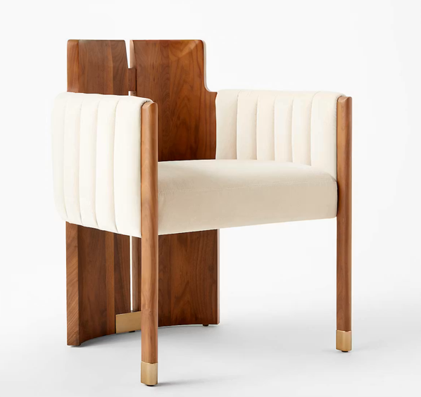 The Crest Dining Armchair — Solid Walnut, Channel Upholstery & Brushed Brass Sabots