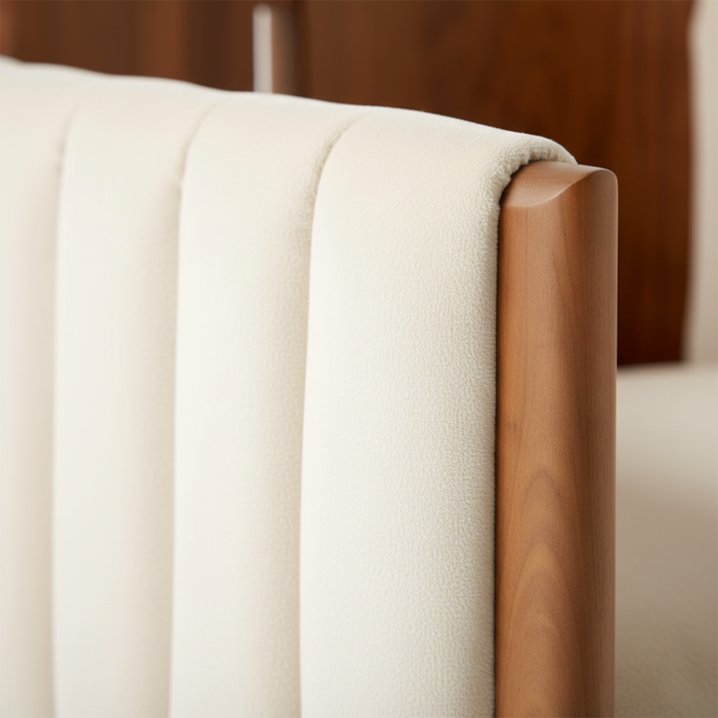 The Crest Dining Armchair — Solid Walnut, Channel Upholstery & Brushed Brass Sabots