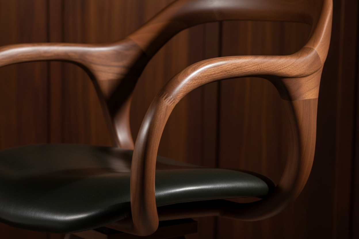 The Silta Dining Armchair — Sculpted Solid Walnut Open Frame with Forest Green Leather Seat