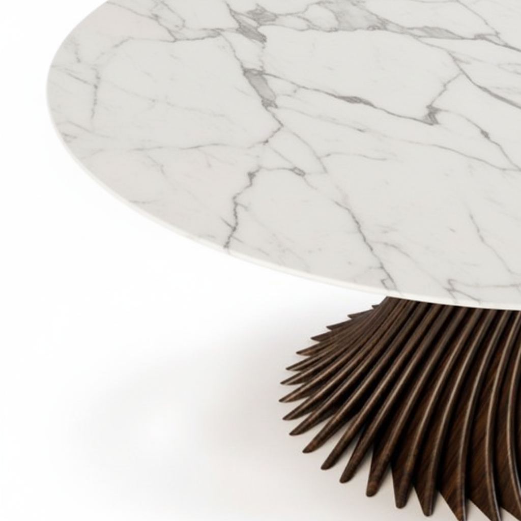 Siima Round — White Marble & Bronze Twisted Blade Pedestal Dining Table
