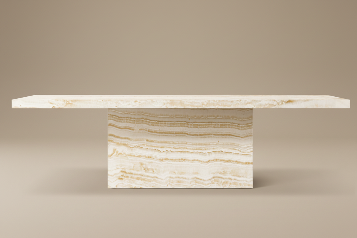 Kerros Rect — Banded Onyx Plinth & Travertine Rectangular Dining Table