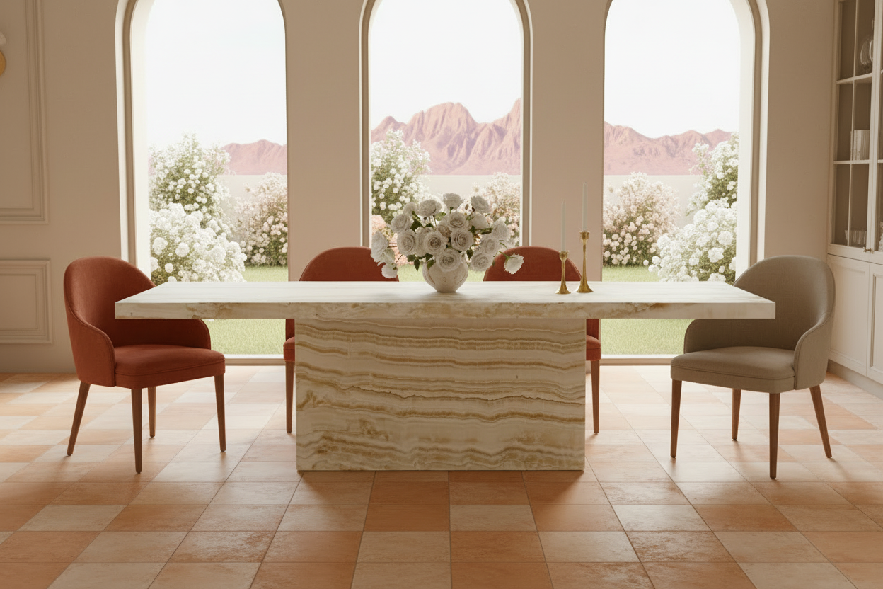 Kerros Rect — Banded Onyx Plinth & Travertine Rectangular Dining Table