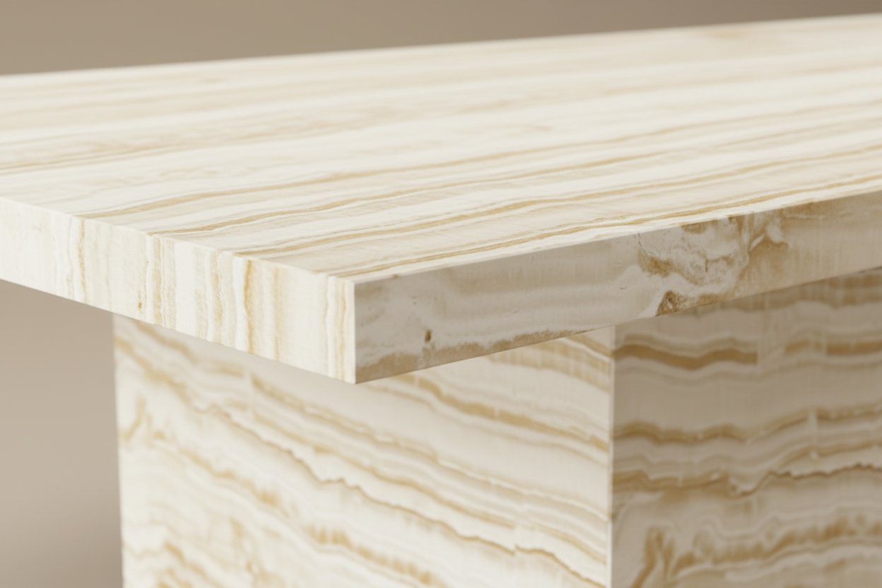 Kerros Rect — Banded Onyx Plinth & Travertine Rectangular Dining Table