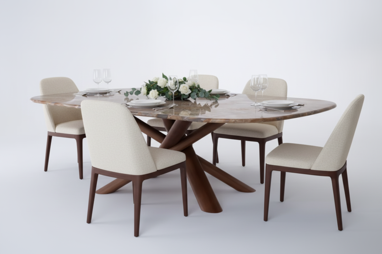 Oksa Oval — Sculptural Marble & Solid Walnut Dining Table