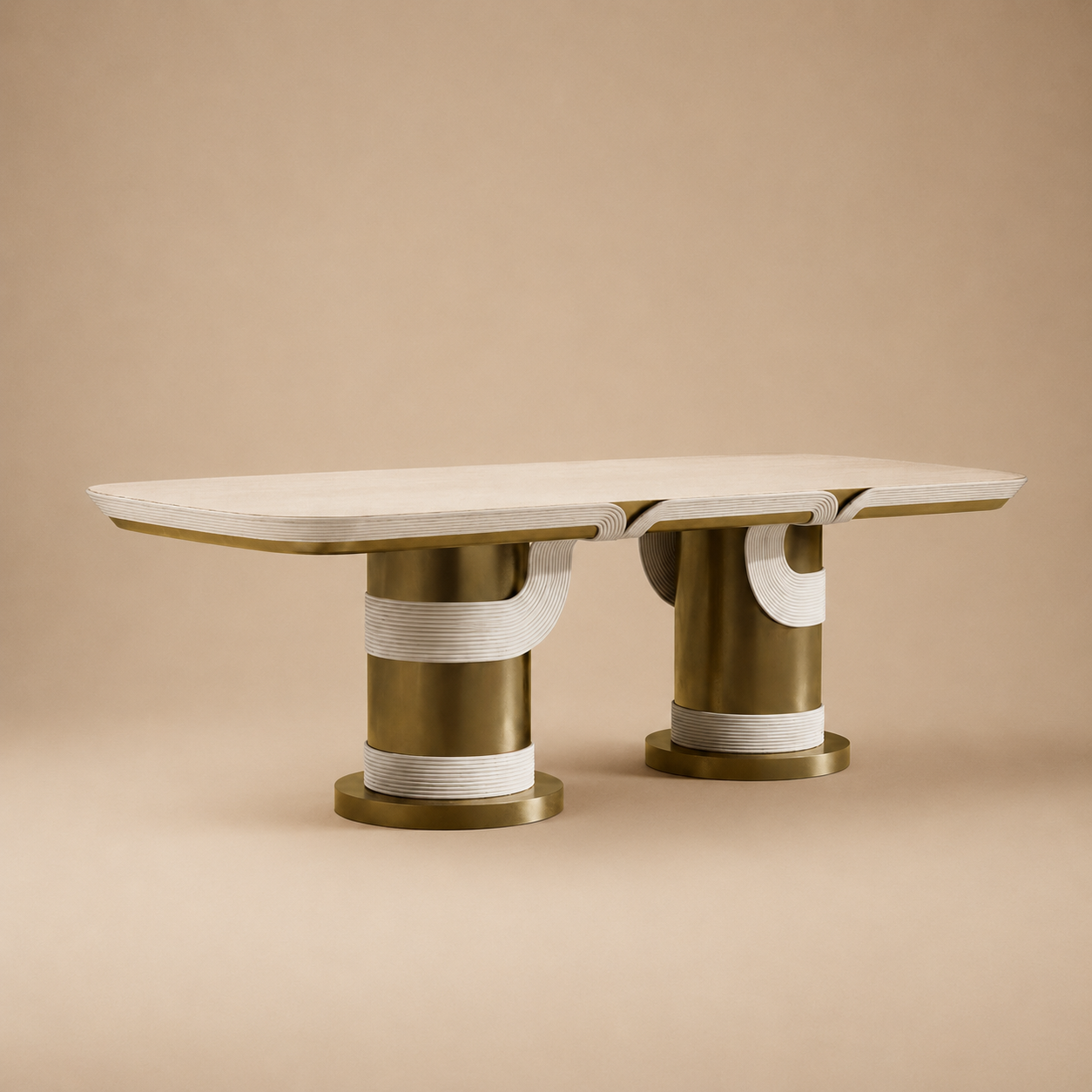 The Torio Rectangular Dining Table — Ribbed Cream Top with Double Aged Brass Cylinder Base