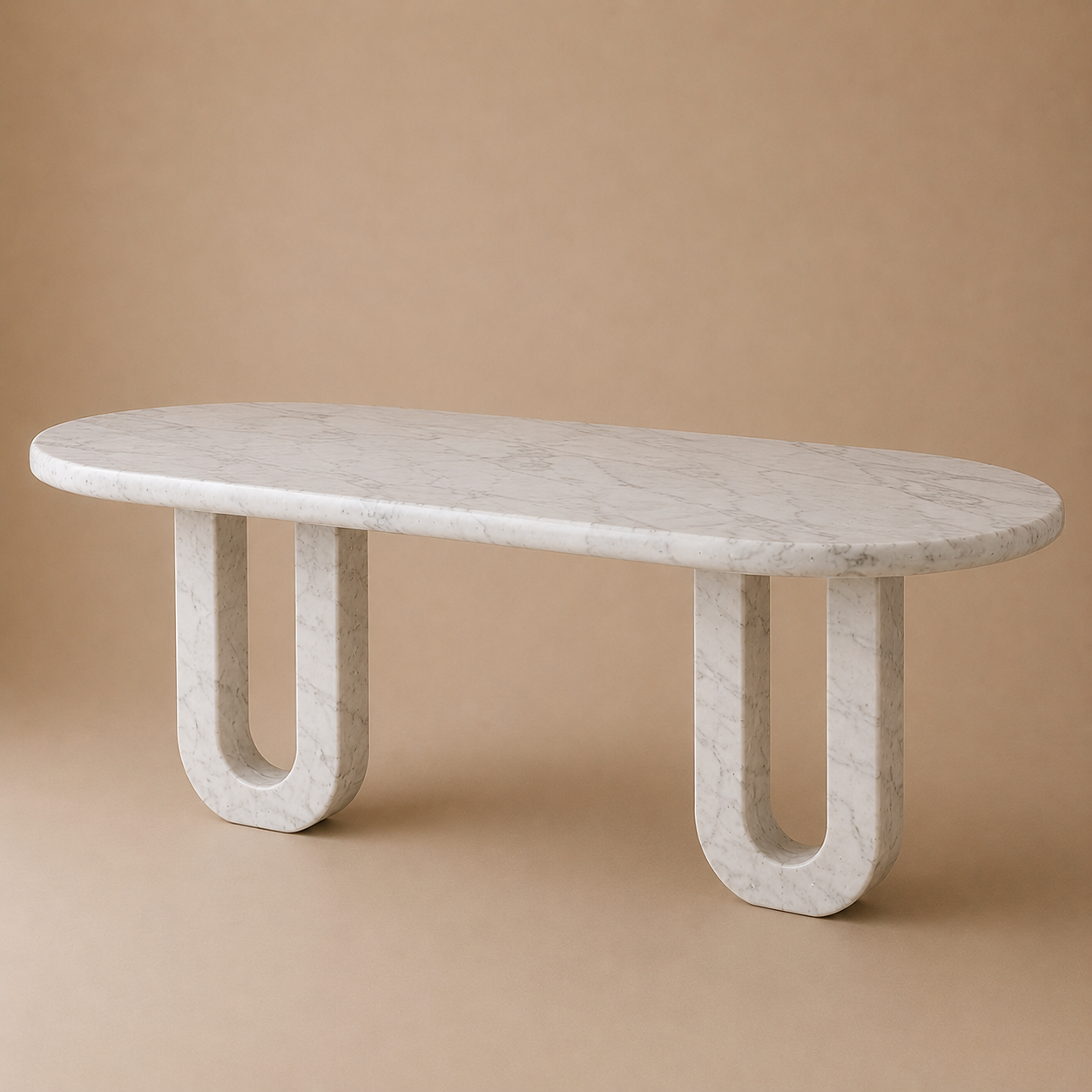 Holvi Oval — Bi-Tone Travertine Double Arch Dining Table