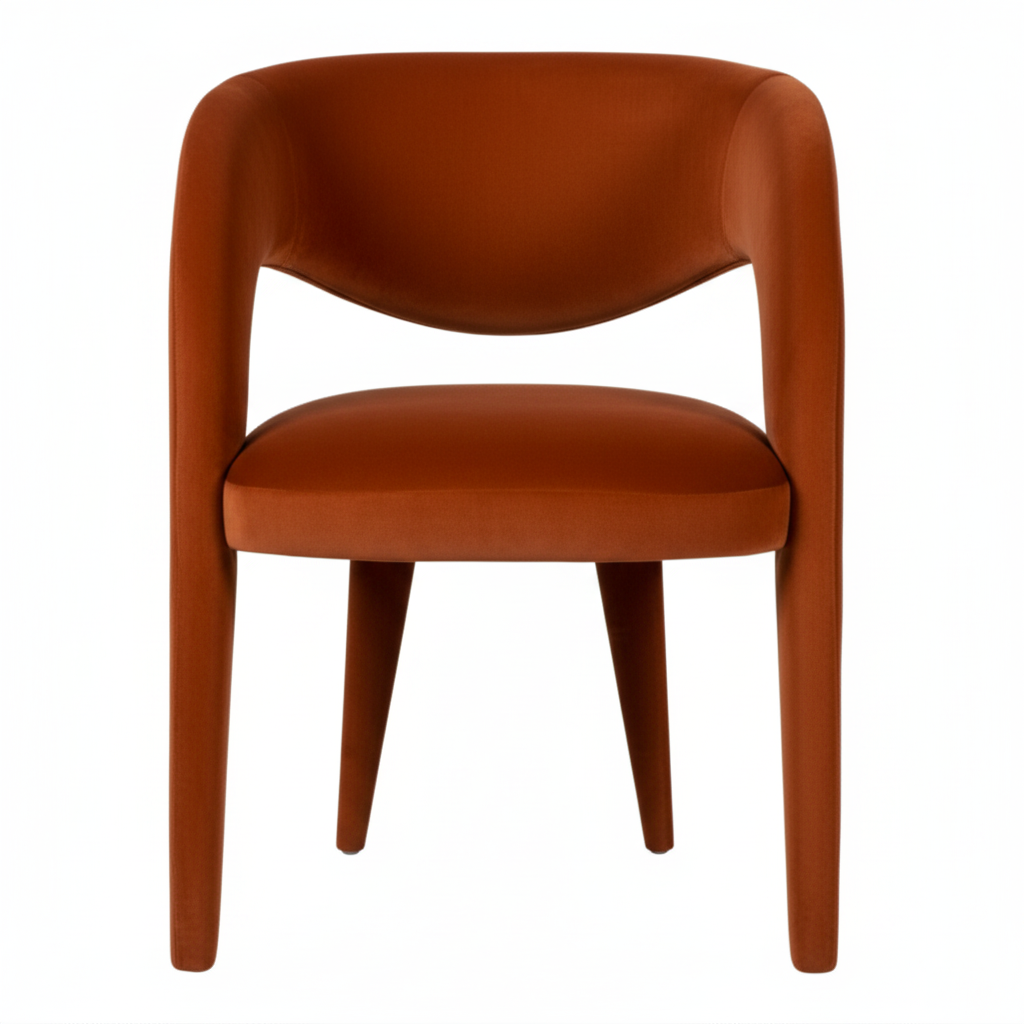 The Kaiku Dining Armchair — Fully Upholstered Open-Wing Back in Terracotta Velvet