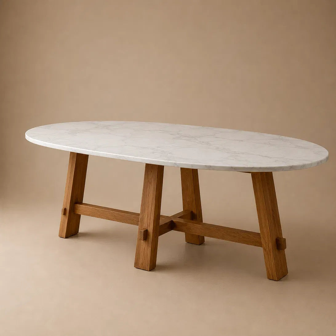 Kaarna Oval — Marble & Solid Teak Dining Table
