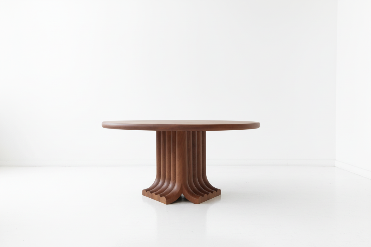 Joki Round — Solid Walnut Sculptural Fan-Pedestal Dining Table