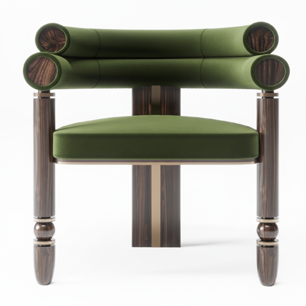 The Mahti Dining Armchair — Ebonized Wood Triple-Roll Back in Forest Green Velvet with Bronze Hardware