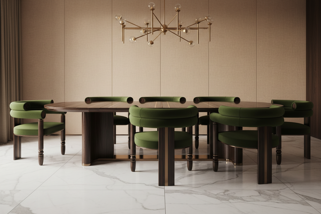 The Mahti Dining Armchair — Ebonized Wood Triple-Roll Back in Forest Green Velvet with Bronze Hardware