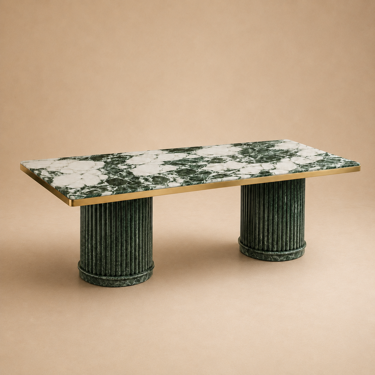 The Sammal Rectangular — Green & White Marble Top with Brass Edge on Fluted Stone Columns