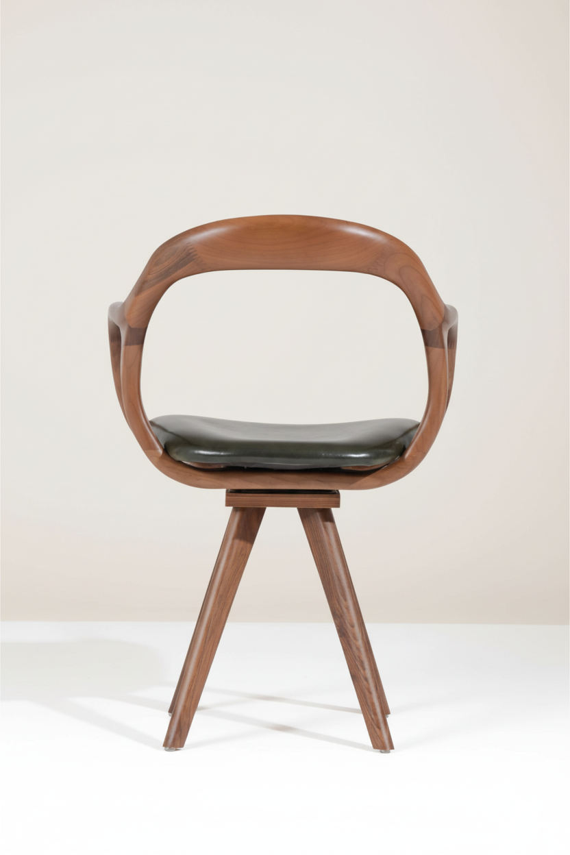 The Silta Dining Armchair — Sculpted Solid Walnut Open Frame with Forest Green Leather Seat