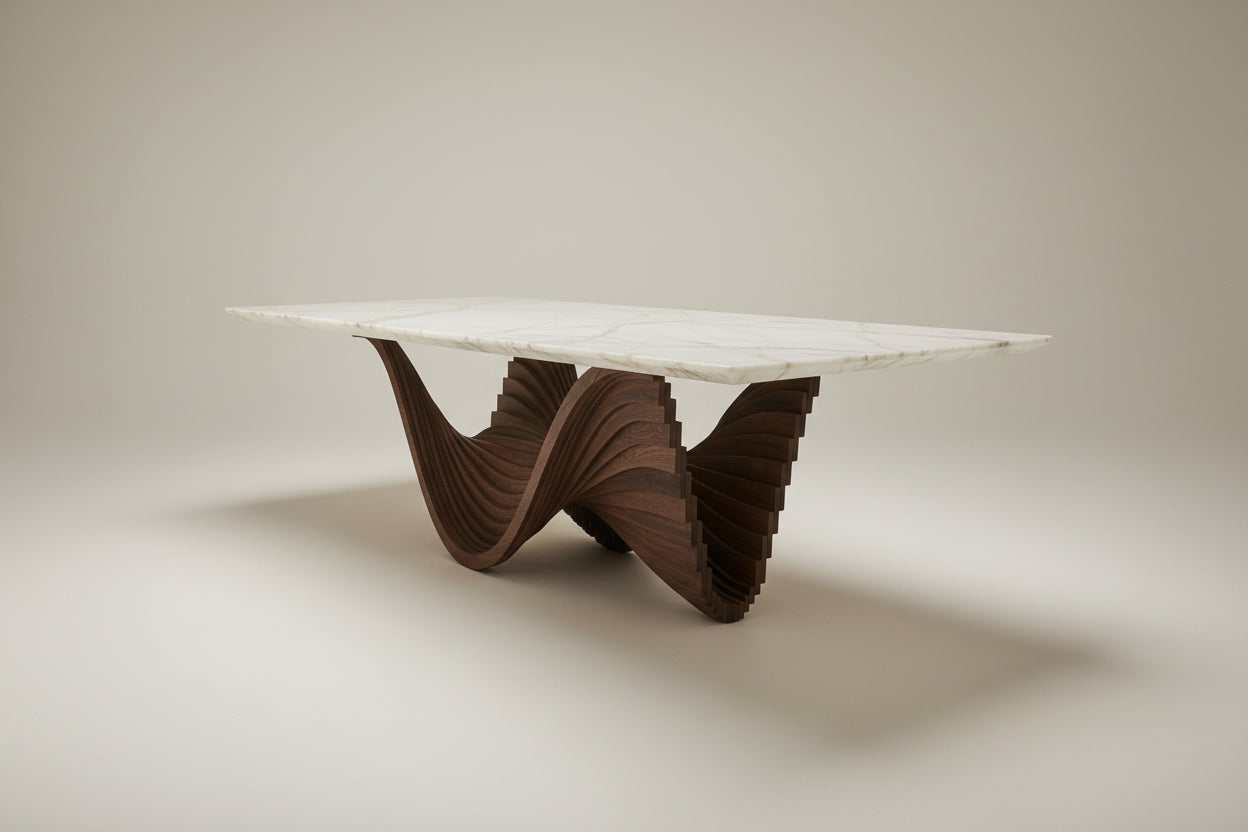 Laine Rect — White Onyx & Stacked Blade Wave Pedestal Dining Table
