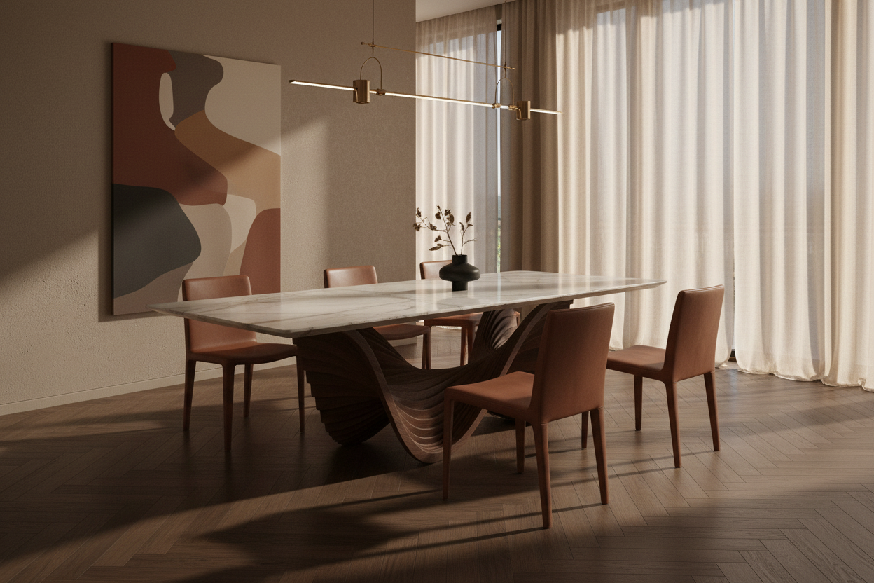 Laine Rect — White Onyx & Stacked Blade Wave Pedestal Dining Table