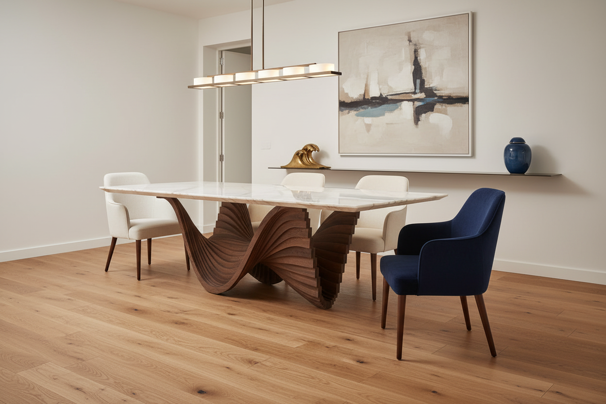Laine Rect — White Onyx & Stacked Blade Wave Pedestal Dining Table