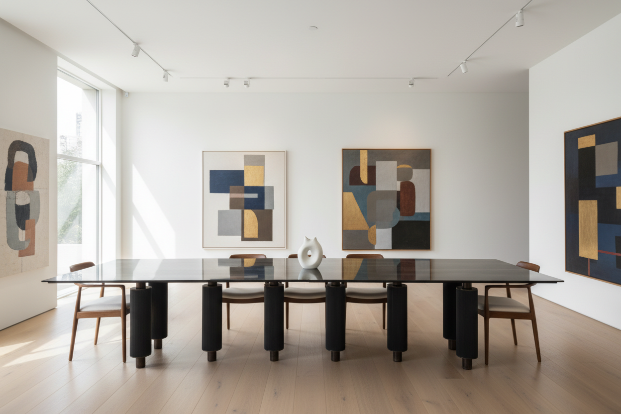 Pyloni Rect — Ebonised Oak & Natural Wood Column Dining Table