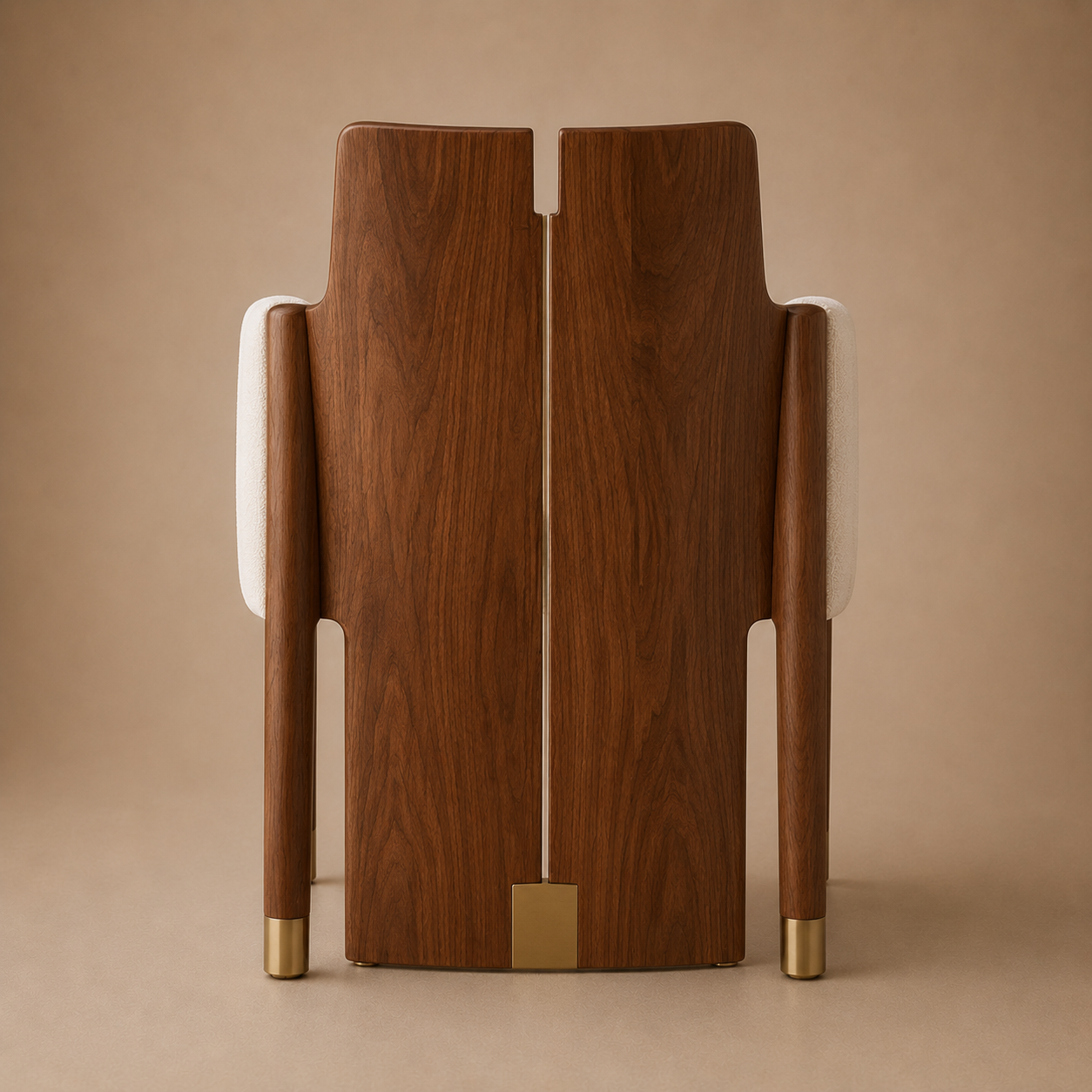The Crest Dining Armchair — Solid Walnut, Channel Upholstery & Brushed Brass Sabots