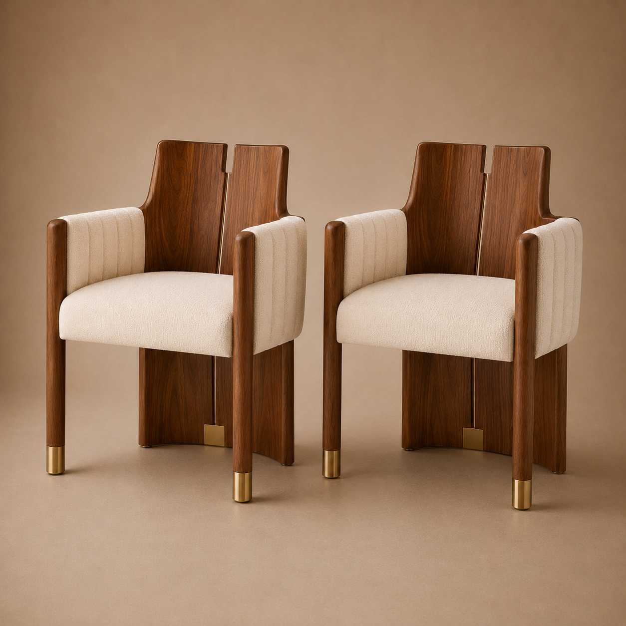 The Crest Dining Armchair — Solid Walnut, Channel Upholstery & Brushed Brass Sabots
