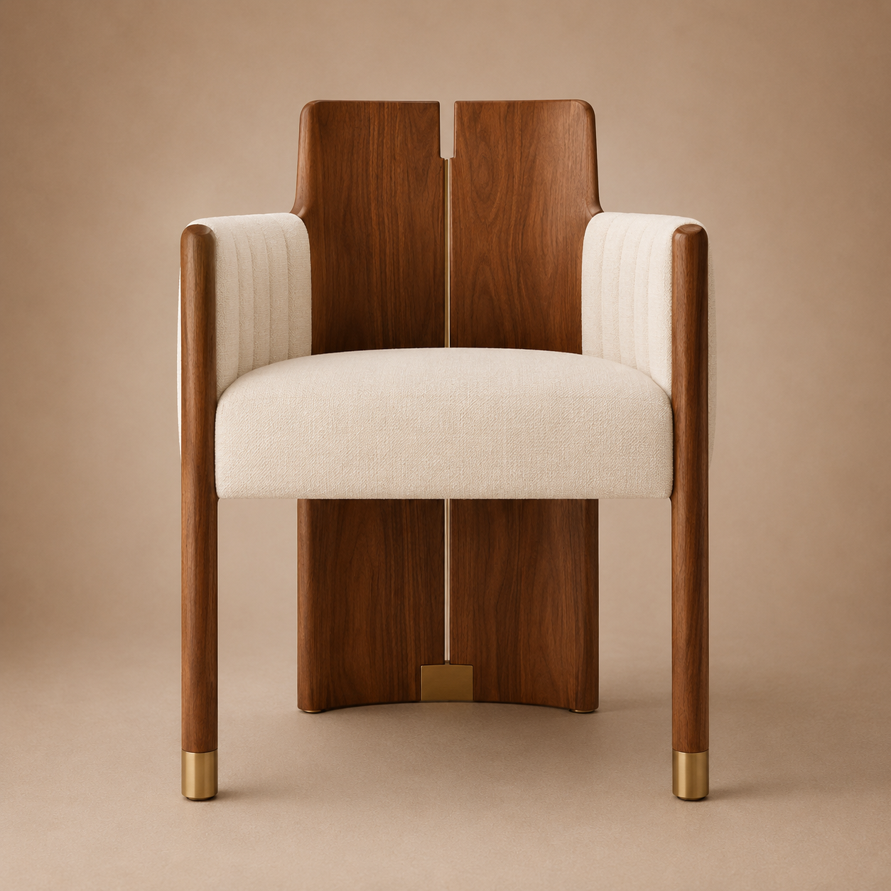 The Crest Dining Armchair — Solid Walnut, Channel Upholstery & Brushed Brass Sabots