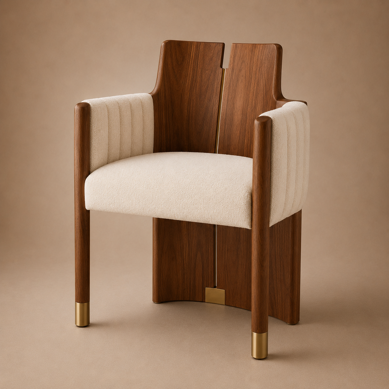 The Crest Dining Armchair — Solid Walnut, Channel Upholstery & Brushed Brass Sabots
