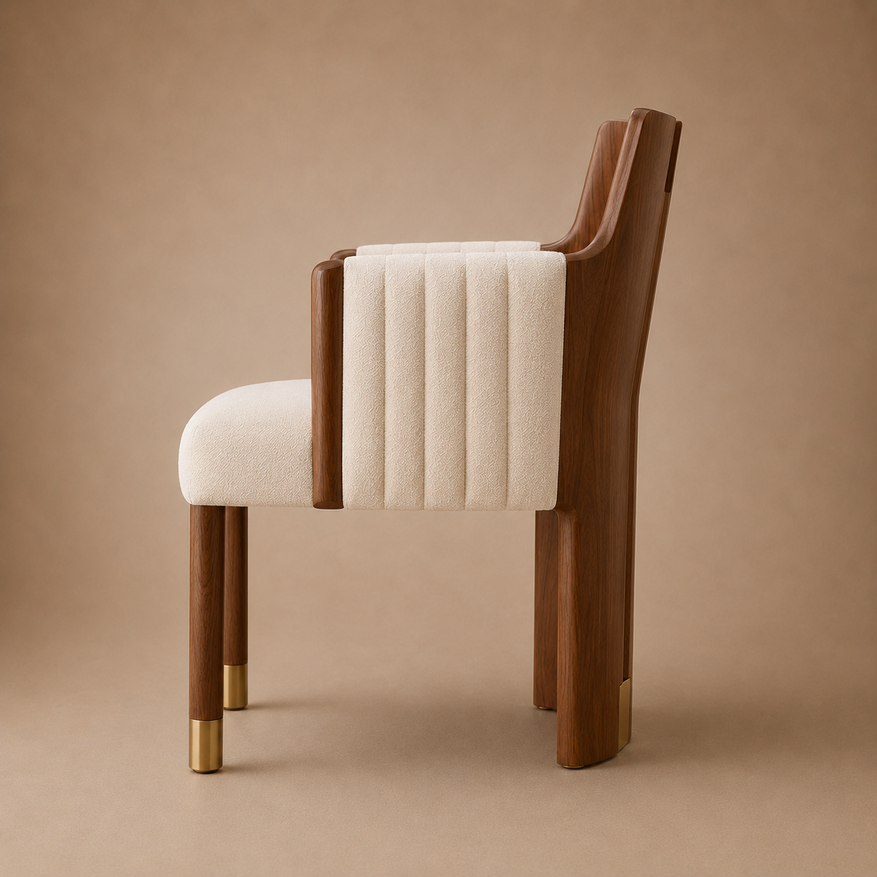 The Crest Dining Armchair — Solid Walnut, Channel Upholstery & Brushed Brass Sabots