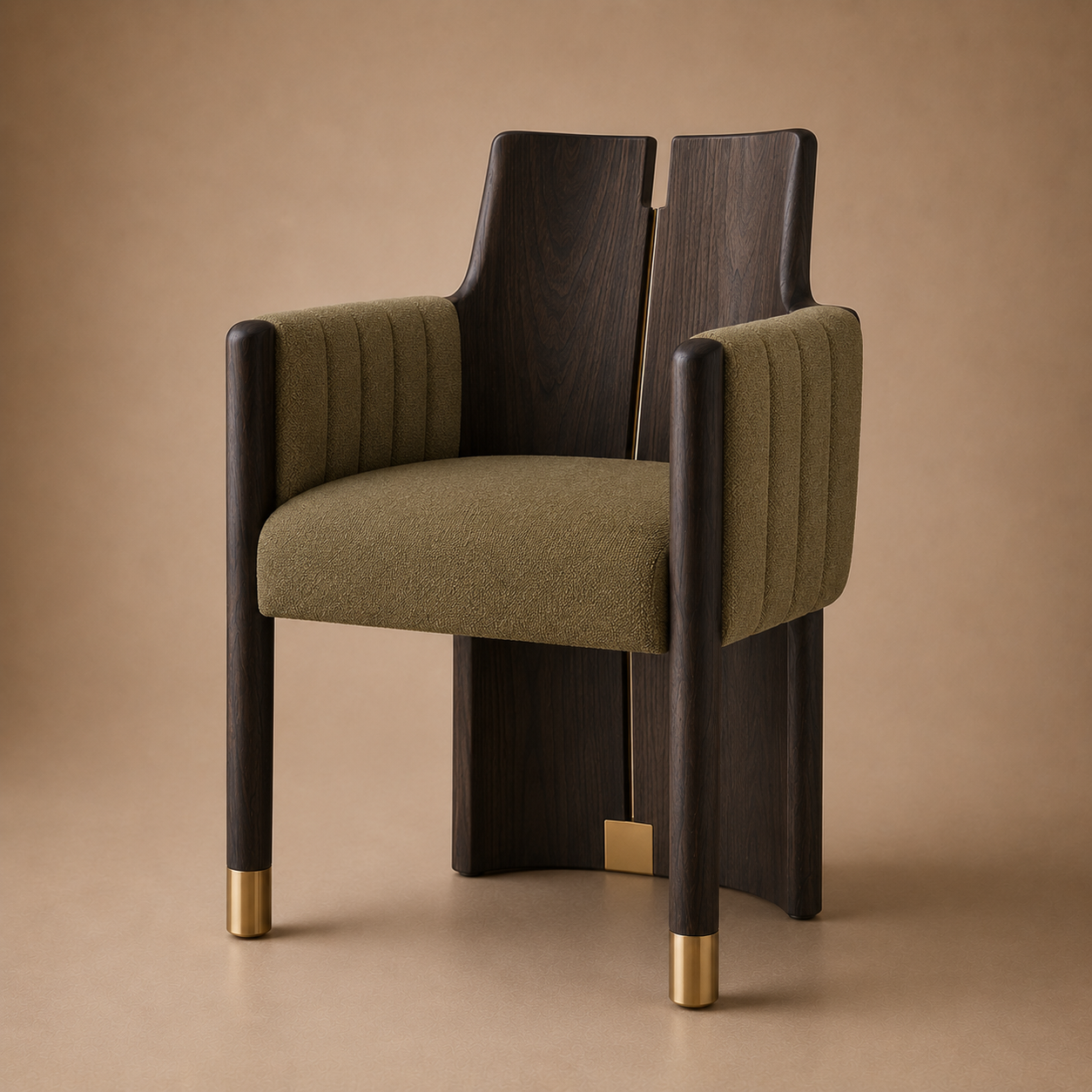 The Crest Dining Armchair — Solid Walnut, Channel Upholstery & Brushed Brass Sabots