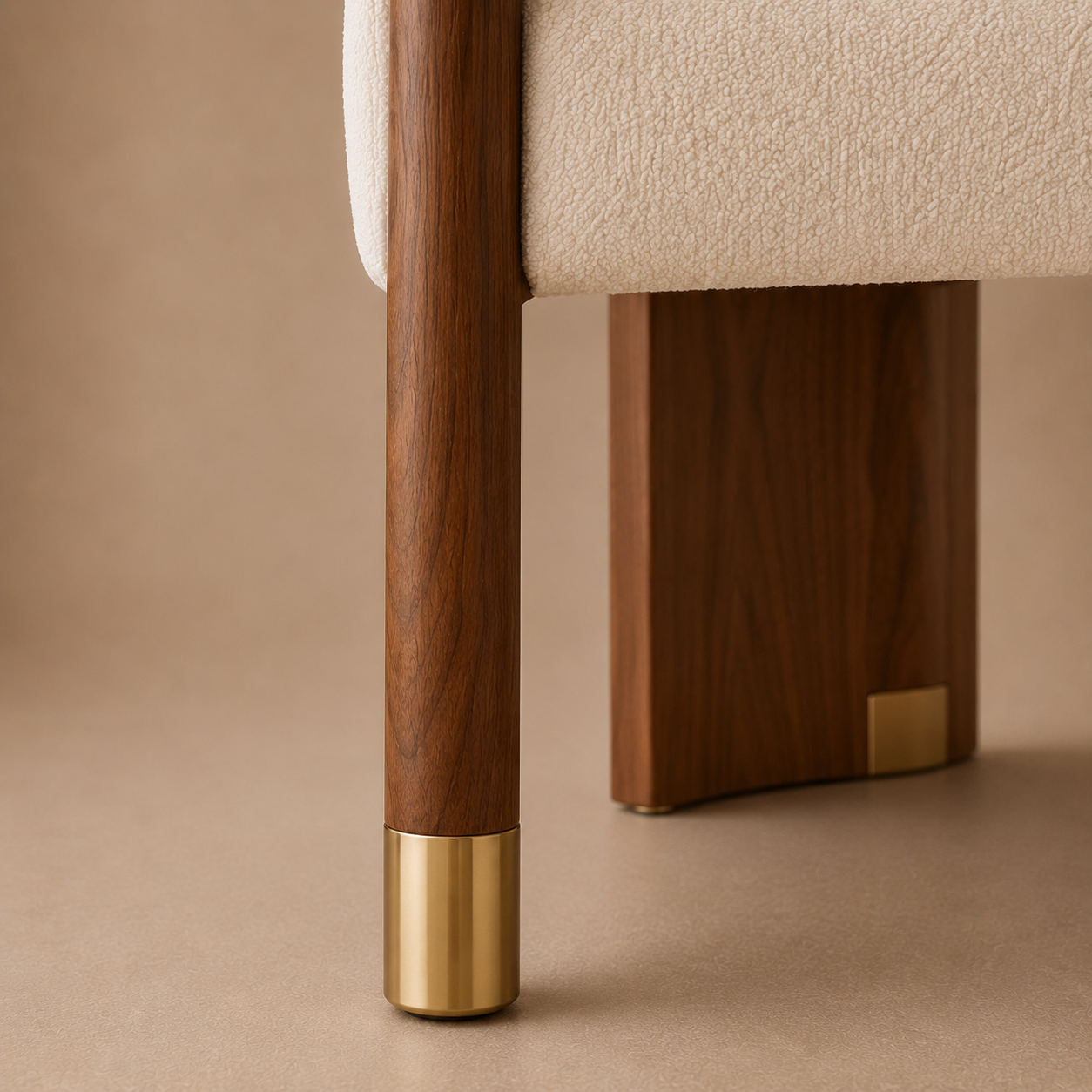 The Crest Dining Armchair — Solid Walnut, Channel Upholstery & Brushed Brass Sabots